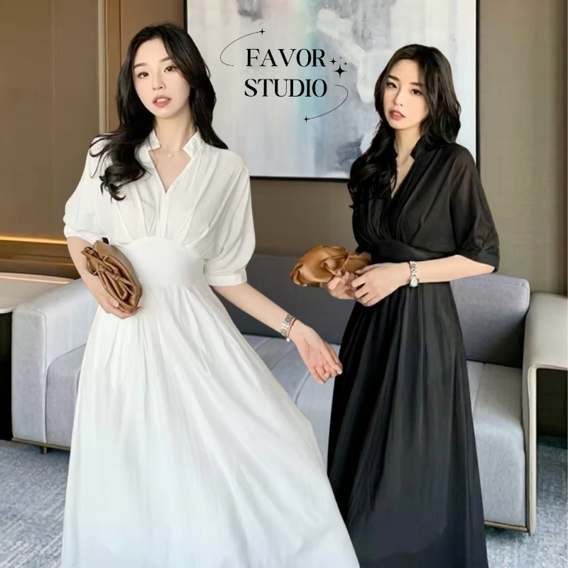🧺EVIOVIO S-2XL ชุดเดรสยาวสไตล์เกาหลี ดีเทลเอว S พรางหุ่น เรียบหรู ชุดออกงาน สุภาพ สินค้าพร้อมส่งจากไทย💟