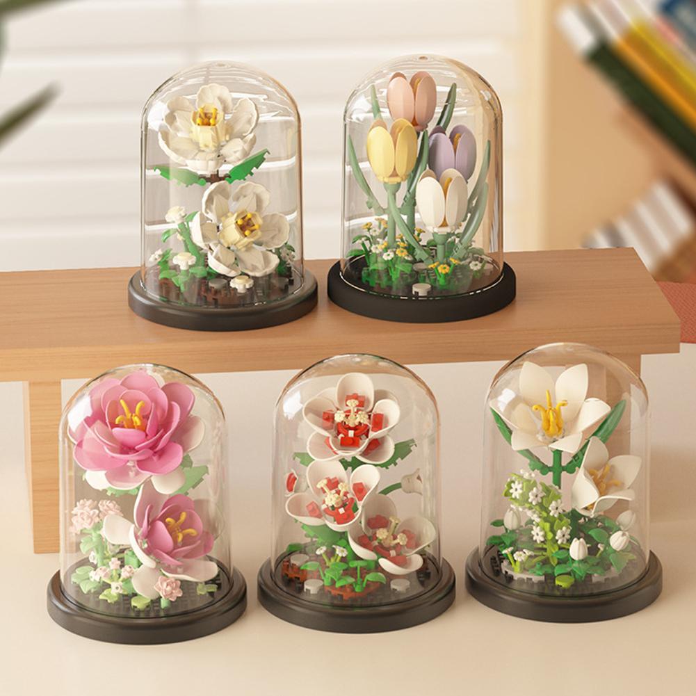 จําลองดอกไม้นิรันดร์ Lily Rose Building Blocks ดอกไม้ Living วันวาเลนไทน์ทิวลิป E7q3