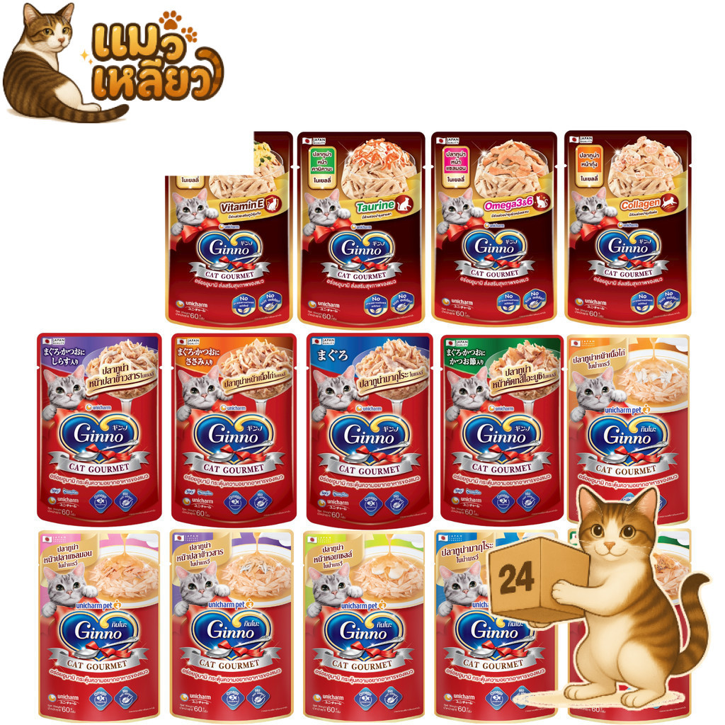 (ครึ่งลัง 24 ซอง) Ginno Premium Wet Cat Food กินโนะ อาหารเปียกแมว ไม่เติมเกลือ เนื้อแน่น ขนาด 60g