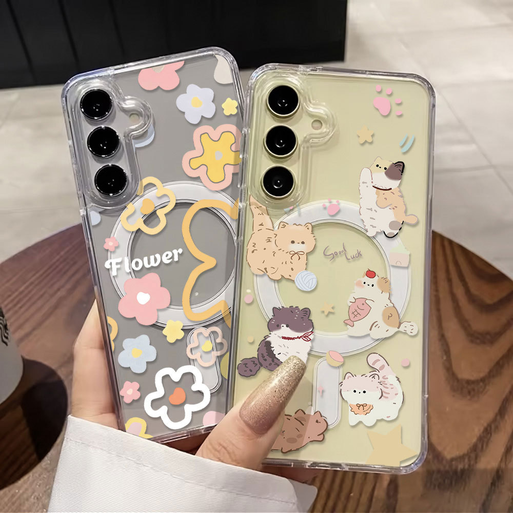 แมวการ์ตูนน่ารัก เคส For Samsung A37 A57 A07 A17 A06 A56 A36 A16 S26 เคสป้องกันแม่เหล็กใส โปร่งใส เคสมือถือ เคสโทรศัพท์