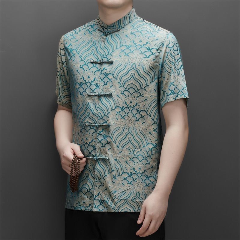 [พร้อมสต็อก] ใหม่เสื้อผ้าผู้ชายจีนผู้สูงอายุ กลิ่นฉุน ชุดแขนสั้นผ้าไหมเสื้อบางใหม่จีนเสื้อผ้าผู้ชายสไตล์จีน