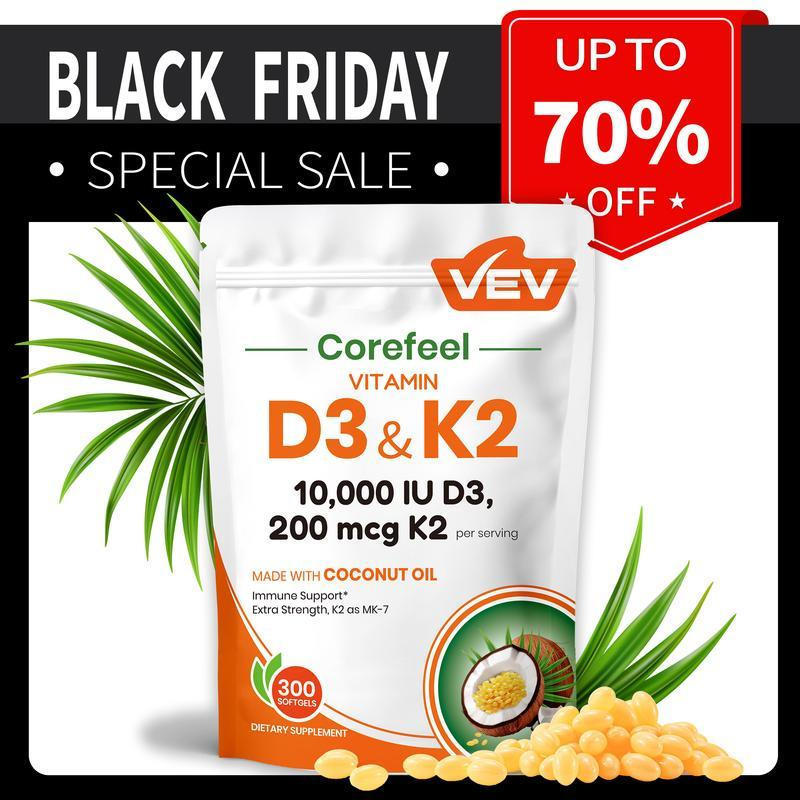 VEV วิตามิน D3 K2 10000 IU, 300 ซอฟท์เจลน้ํามันมะพร้าวบริสุทธิ์, อาหารเสริมวิตามิน 2 in 1 D & K, ผลิ