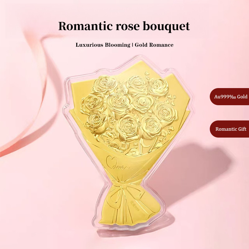 Au999 Gold Rose Bouquet Set ทองคําบริสุทธิ์ (0.2 กรัม) พร้อมตกแต่งทองคําแท่ง - วันหยุดพิเศษสําหรับคร