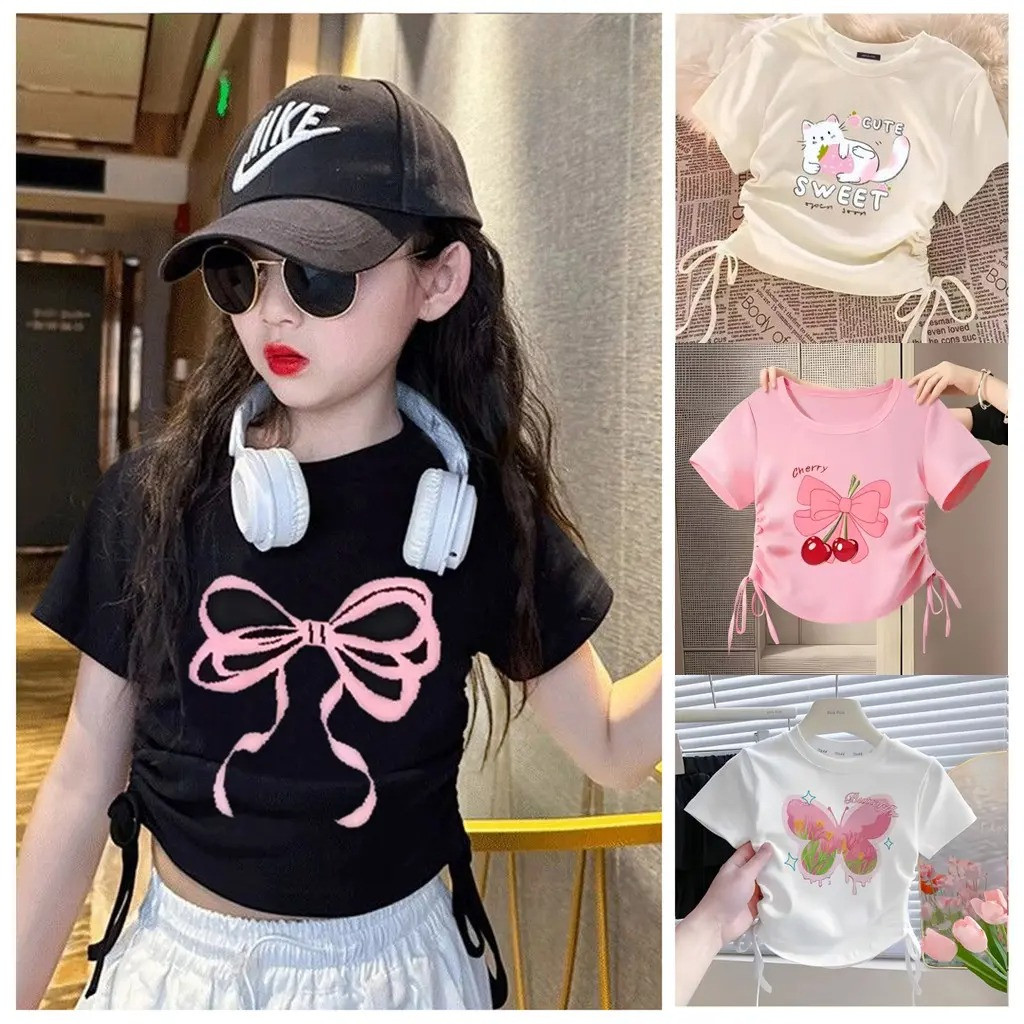เสื้อครอปสีชมพูกึบกระโปรงสไตล์เกาหลี พิมพ์ลายผีเสื้อกับดอกไม้ สำหรับเด็กผู้หญิง ทำจากผ้าระบายอากาศนุ่ม สไตล์อินเทรนด์