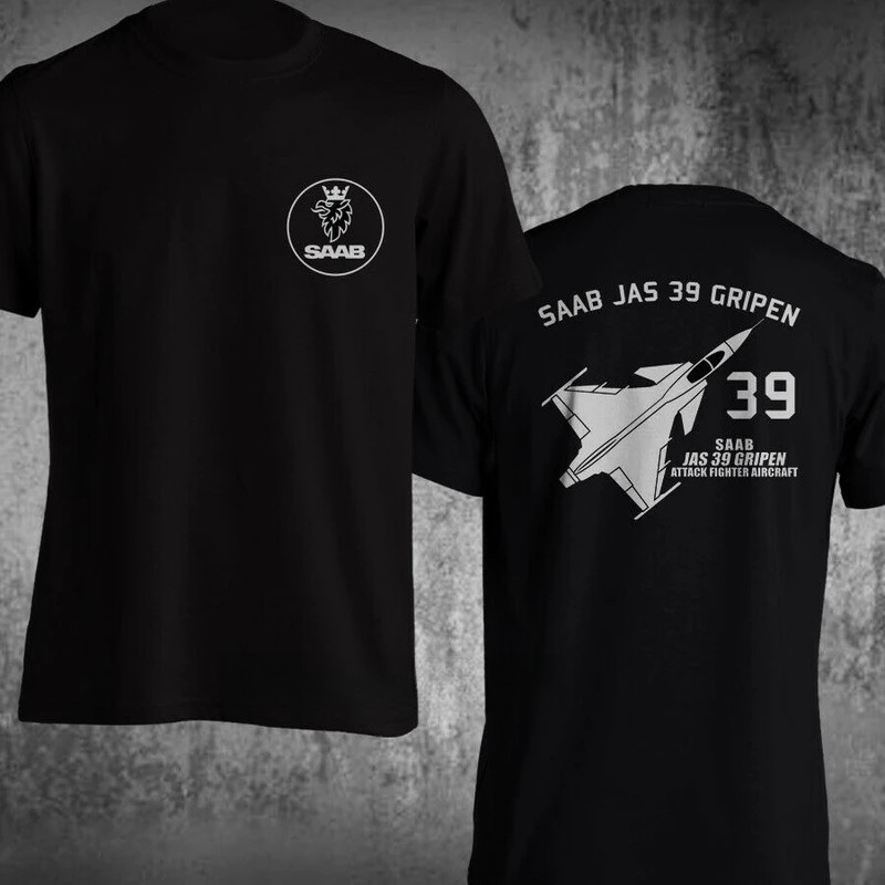 เสื้อยืดเครื่องบินรบ Saab JAS 39 Gripen ผ้าฝ้ายแท้ 100% แขนสั้น สำหรับคอการบิน/ทหาร หลายไซส์ S-5XL
