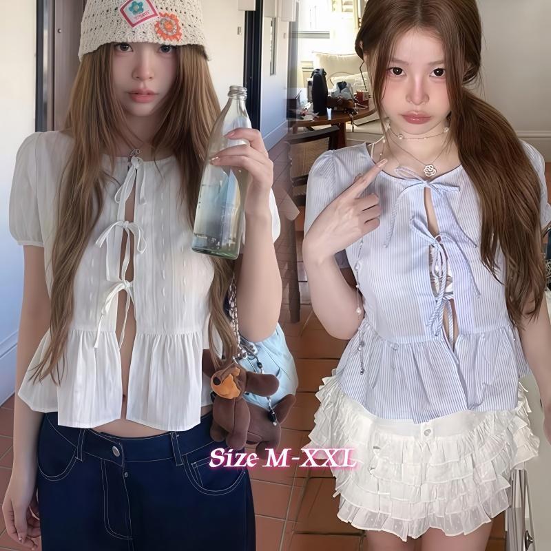 Dode.mall W715#เสื้อผู้หญิงสไตล์ฝรั่งเศสตัวนี้โดดเด่นด้วยขอบลูกไม้สุดเซ็กซี่ แขนสั้น คอทรงกลม และแขนพอง