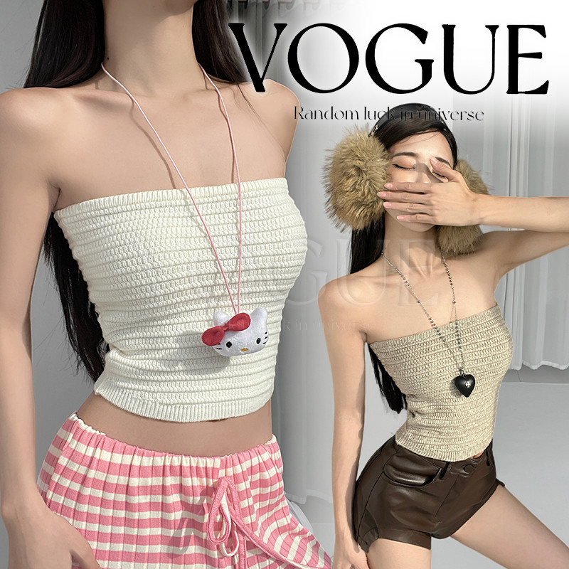 Vogue🌟พร้อมส่ง🌟 เสื้อเกาะอกถักไหมพรม ทรงครอปยืดตามตัว มี3สี ต้อนรับซัมเมอร์ (03091)