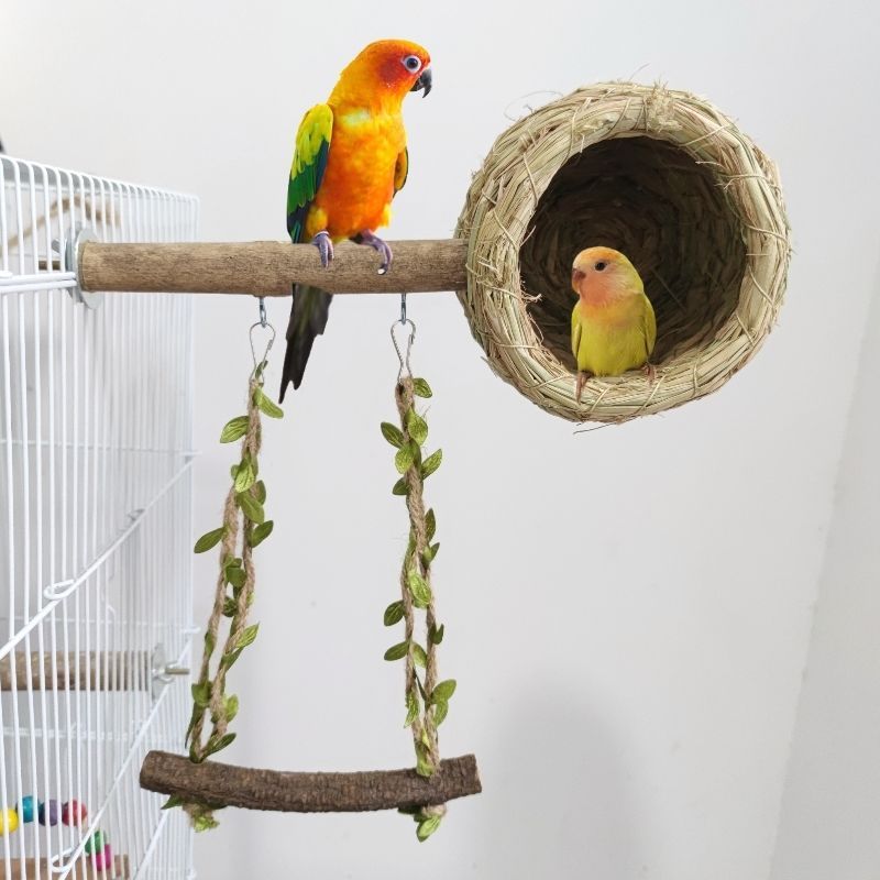 Log Parrot Straw Birds Nest Laying Egg Breeding Grass Nest Swing Combine Station Pole Stand Four Sea
