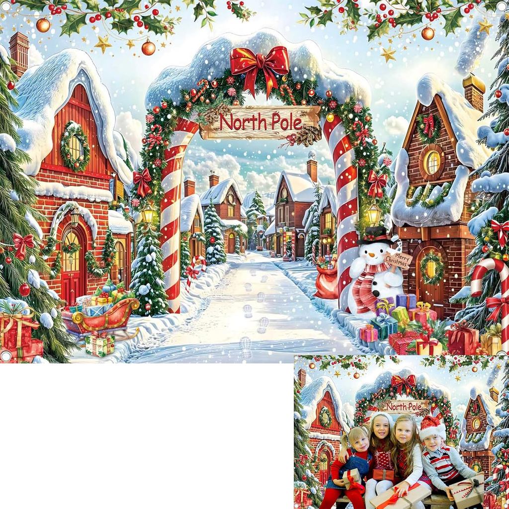 North Pole ฉากหลัง Merry Christmas ฤดูหนาว Xmas Tree การถ่ายภาพพื้นหลัง Cane Candy House Santa Party