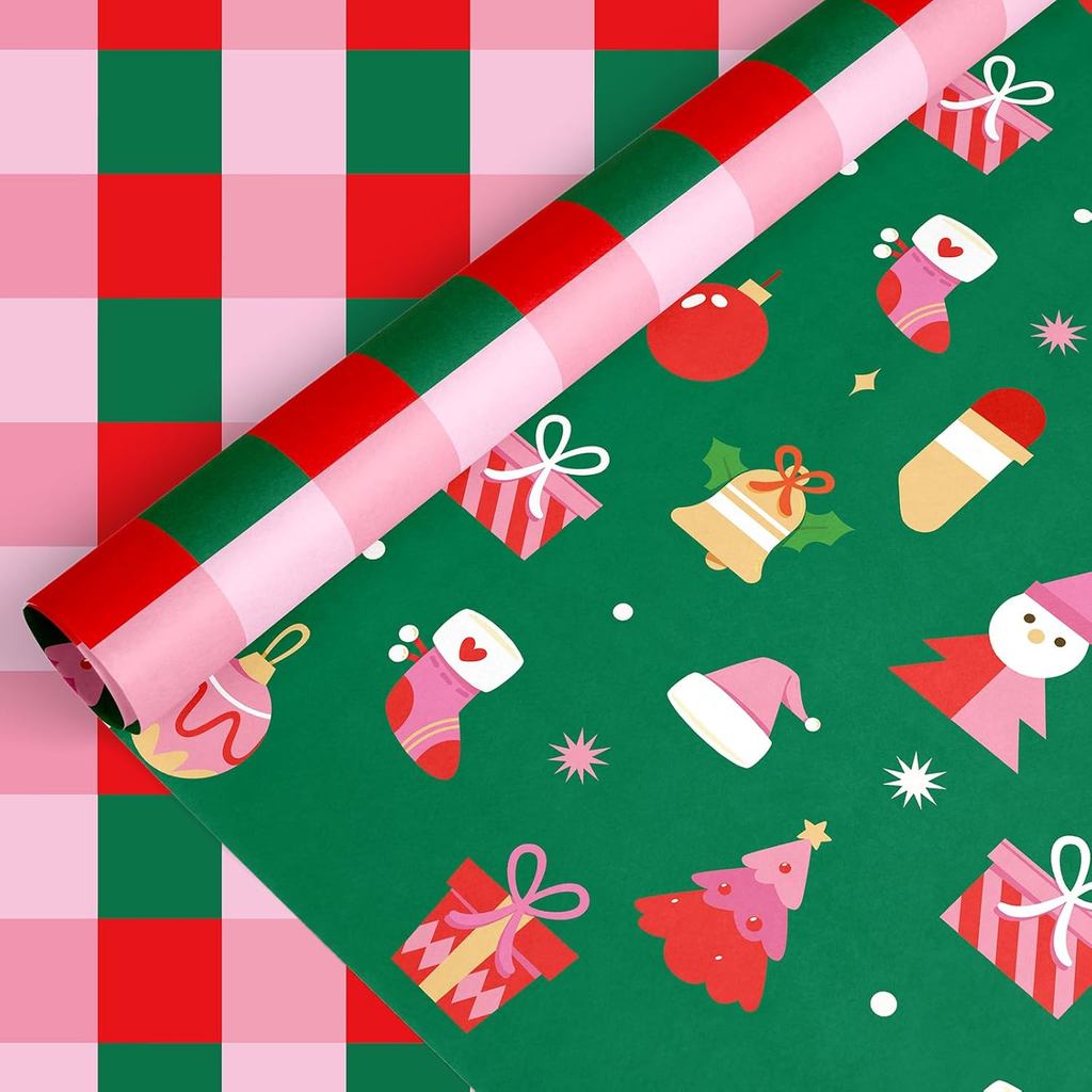 Whaline Christmas Wrapping Paper -Mini Roll- 17 In x 32.8 Ft Red Green Pink Tree Stocking Bell Plaid