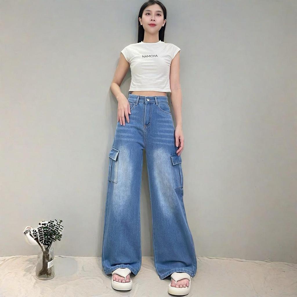 MAX JEANS กางเกงยีนส์คาโก้ทรงกระบอกกลาง  กางเกงยีนส์คาโก้เอวสูง คาโก้ 6กระเป๋า สียีนส์ 68019