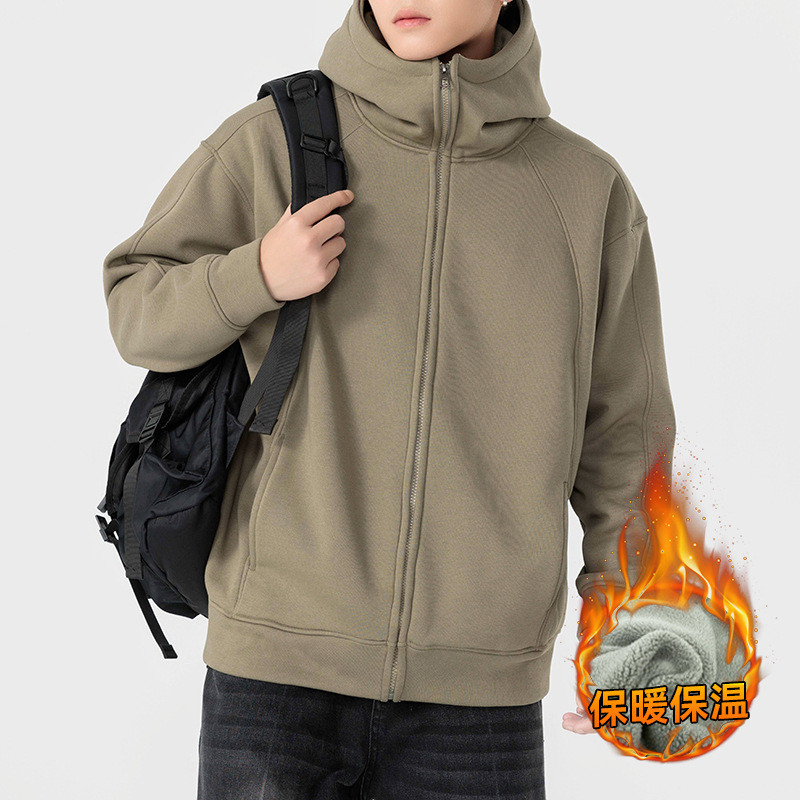 Fleece-Lined Warm Knitted Hooded Sports Jacket Men's Winter Stitching Zipper Solid Color Cardigan Sw