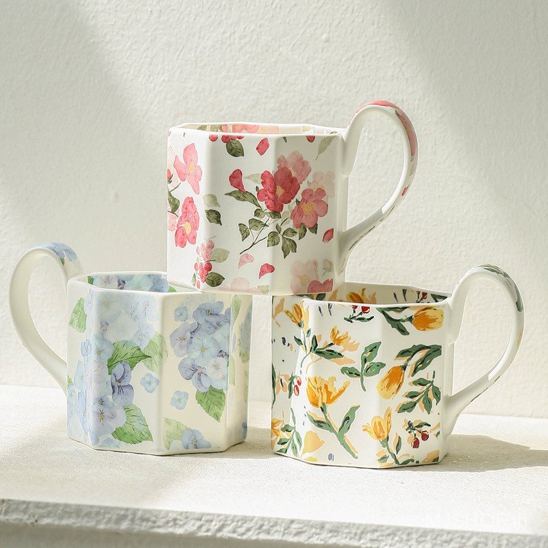 [สต๊อกพร้อม] MJSHOP Flower Cup Matte Large Capacity Flower Ceramic Mug Office Home Drinking Cup