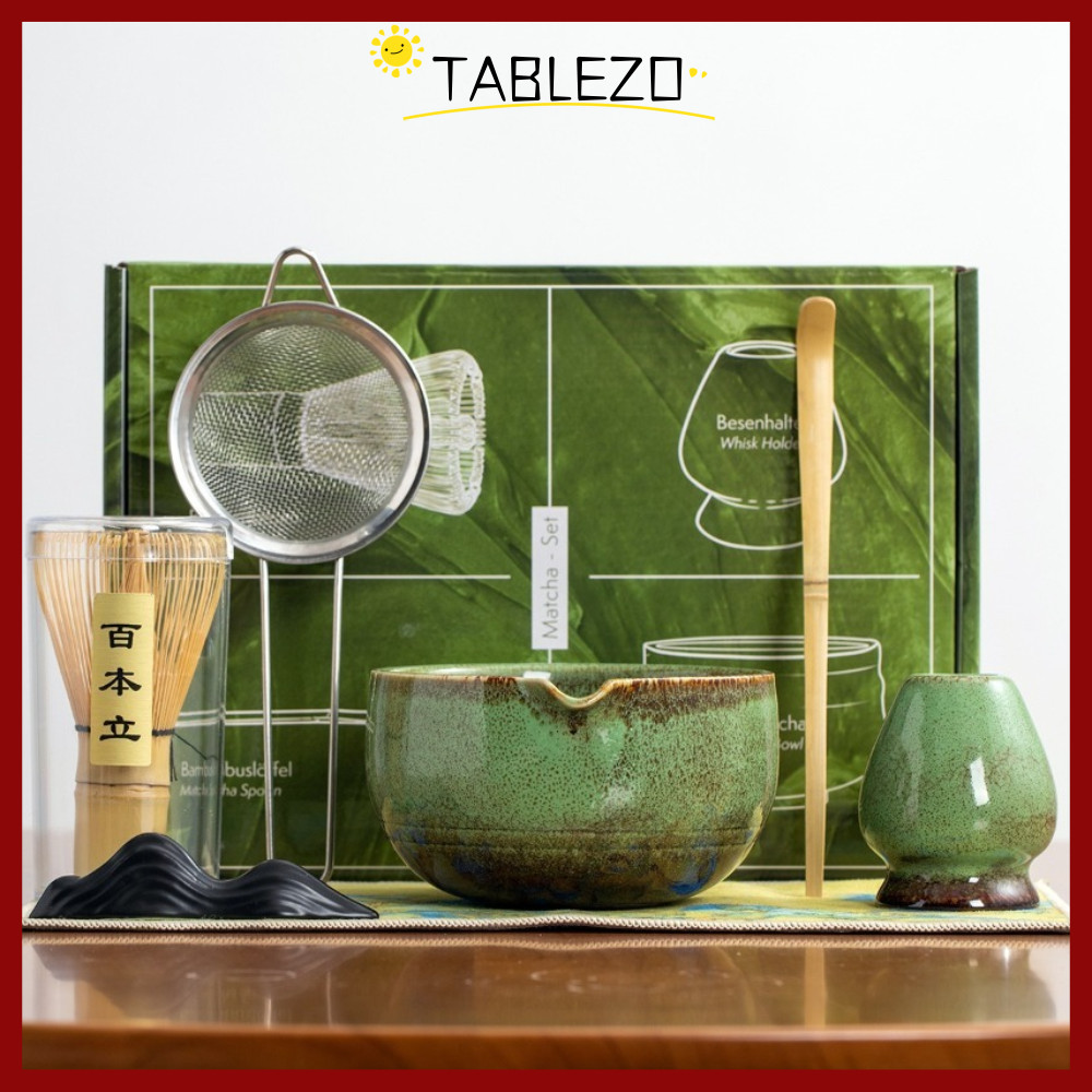 จัดส่งจากประเทศไทยTABLEZO 7PCS Matcha Tea Set, Bamboo Ceramic Traditional Japanese Matcha Whisk,Reusable Stirring Brush เครื่องมือชงชา