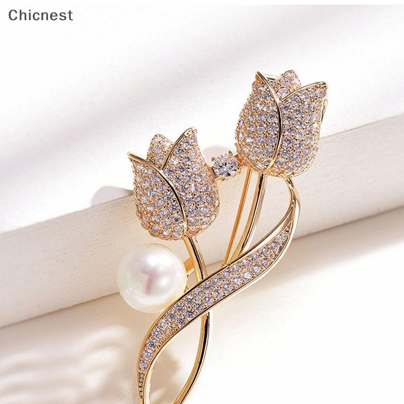 [Chc] 1 ชิ้นเข็มกลัด Rhinestone Tulip เข็มกลัดดอกไม้ Anti-glare ชุดเข็มกลัดคอ Pin เครื่องประดับ [VN]