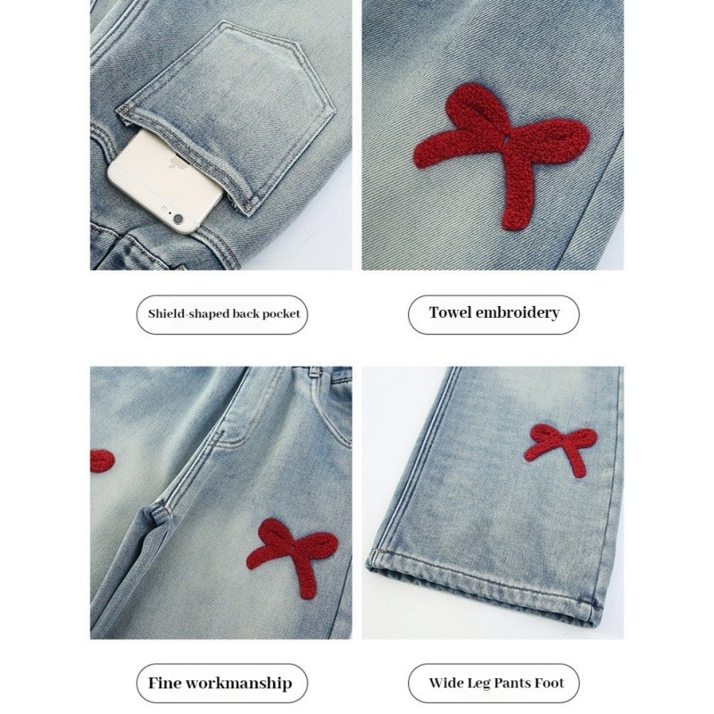 2026กางเกงยีนส์สําหรับเด็กสาว7-15ปี โบว์ผ้าขนหนูเย็บปักถักร้อยเอวสูงถุงกางเกงยีนส์สําหรับสาว อู๊ด สําหรับเด็กสาวกางเกงมะกงสําหรับเด็กสาวกางเกงขากว้างส - รูปที่ 4