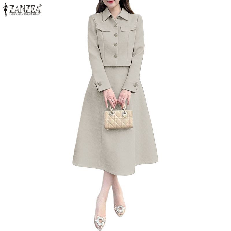 ZANZEA ซานเซีย อารมณ์เกาหลี แขนยาว ปุ่มขึ้นกลับ เอวยางยืด สำหรับผู้หญิง