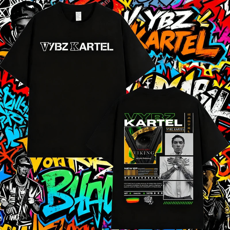 แร็ปเปอร์ Vybz Kartel อัลบั้มกราฟิก เสื้อยืดแขนสั้นฮิปฮอปโกธิคสำหรับผู้ชาย เรโทร 100% ผ้าฝ้ายบริสุทธ