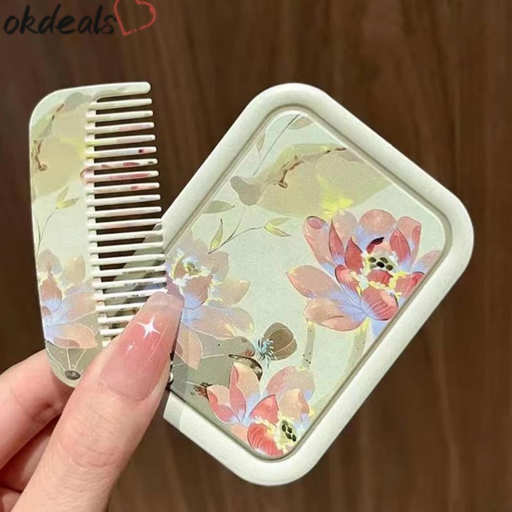 OKDEALS กระจกแต่งหน้าแบบพับได้,พร้อมหวีกระจกกระเป๋า Lotus,Creative Flip-Top สี่เหลี่ยมผืนผ้ากระจกเคร