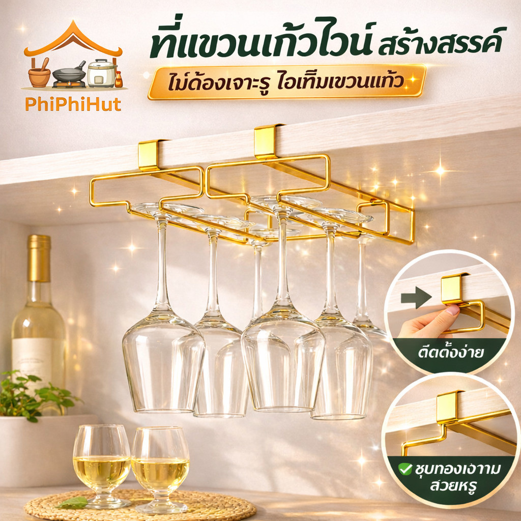 PPH ที่แขวนแก้วไวน์สร้างสรรค์ ไม่ต้องเจาะรูไวน์ที่แขวนแก้ว