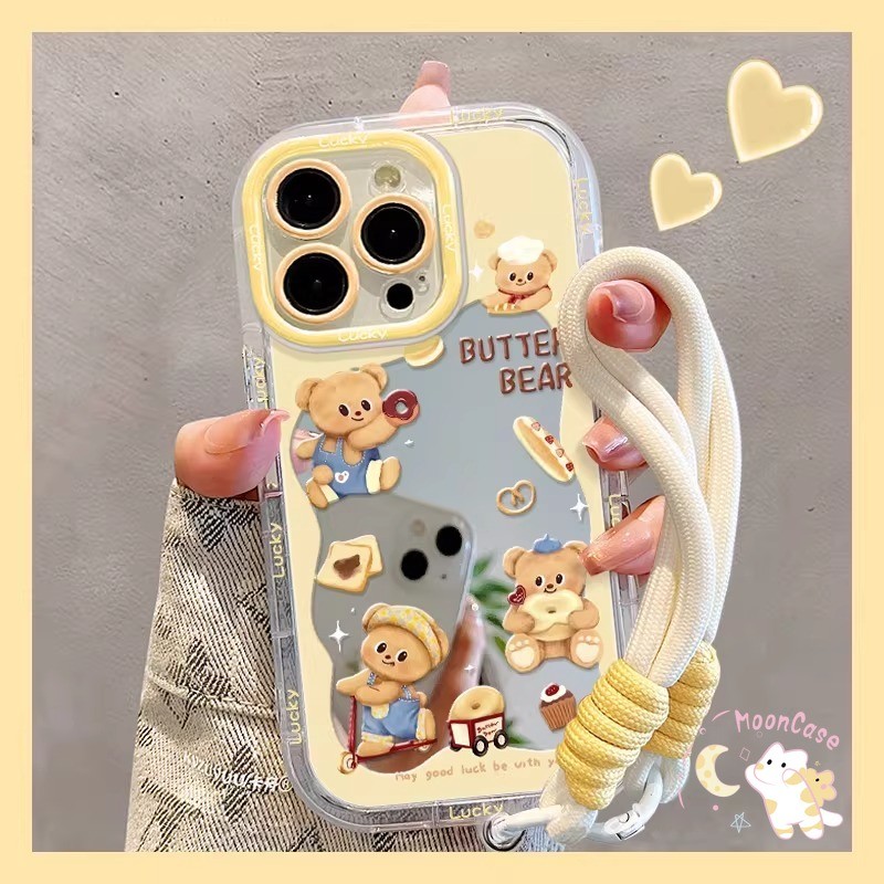 เคสไอโฟน17 เหมาะสำหรับ IPhone 12 14 16 11 15 17 13 Pro Max XR X XS Max 15 16 7 8 Plus เคสโทรศัพท์ลายหมีเนยพร้อมกระจก