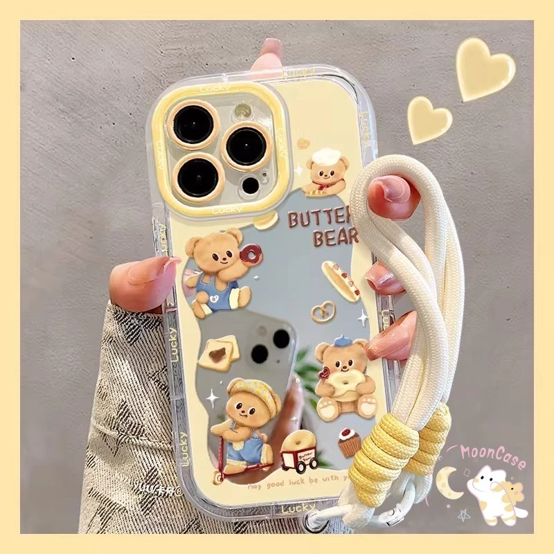 เคสไอโฟน17 เหมาะสำหรับ IPhone 12 14 16 11 15 17 13 Pro Max XR X XS Max 15 16 7 8 Plus เคสโทรศัพท์ลายหมีเนยพร้อมกระจก