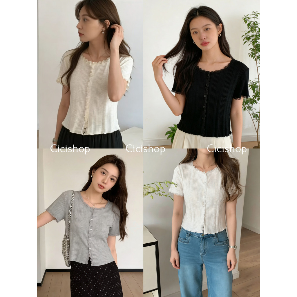 Cicishop(J2538) เสื้อครอปแขนสั้น คอกลมแต่งลูกไม้ มีกระดุมใช้งานได้จริง สไตล์สาวน่ารักเบาๆ