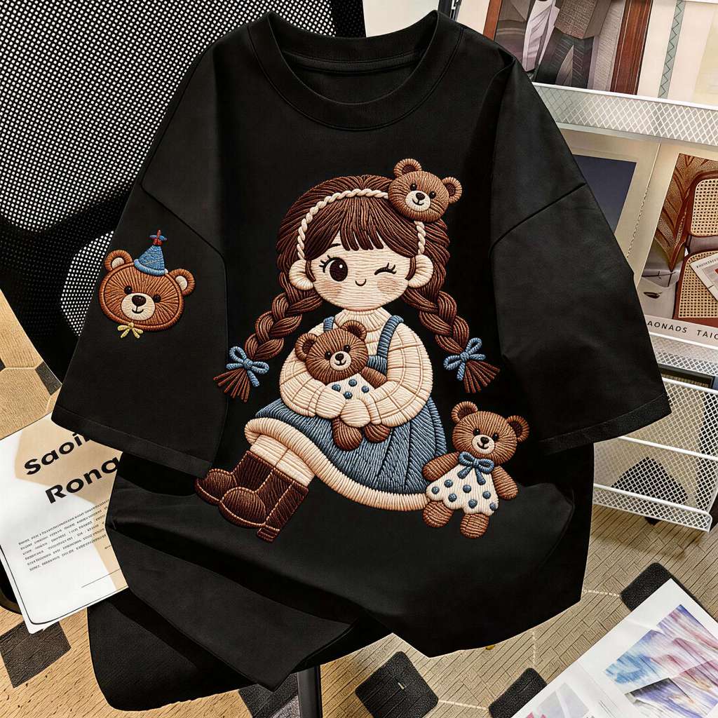 TEE·SHOP🍀 เสื้อยืด oversize เสื้อเท่ๆ เกาหลี "Girl Bear" เสื้อแฟชั่นใ เกาหลีสไตล์ พิมพ์ลาย ผ้านิ่มใส่สบาย COD