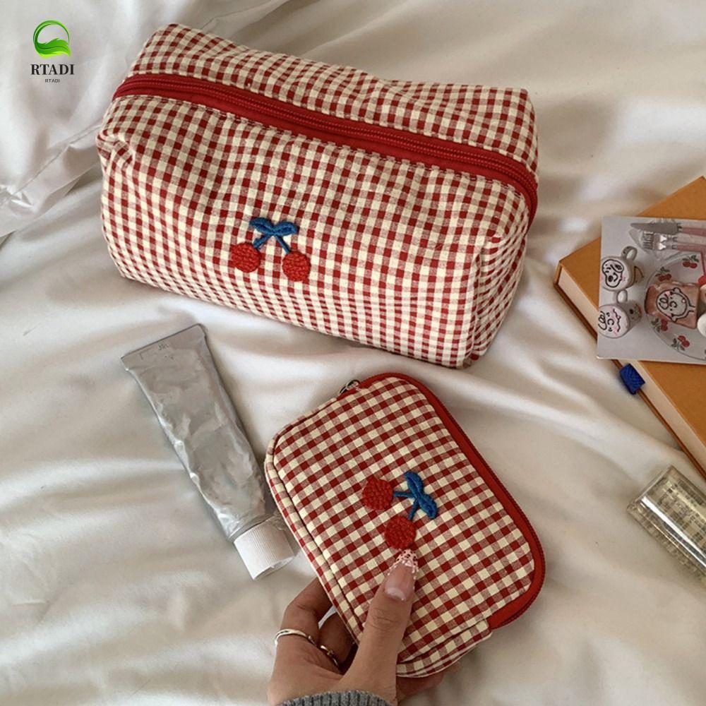 RTADI กระเป๋าแต่งหน้าลายสก๊อตผ้าฝ้ายเชอร์รี่, กระเป๋าใส่เครื่องสําอางและบัตรเรียบง่าย ความจุใหญ่