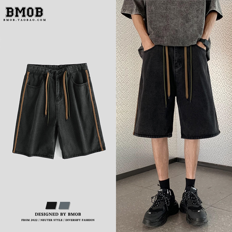 BMOB American vibe Retro Washed Distressed Denim Shorts Mens High Street Wear Loose Wide-Leg Five-Po
