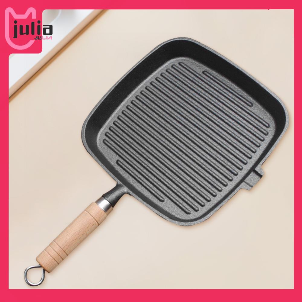 [Julia1.th] กระทะเหล็ก Skillet ด้ามไม้ไม่เคลือบ Non-stick ทําอาหารหม้อสเต็ก Skillet สําหรับ Camping