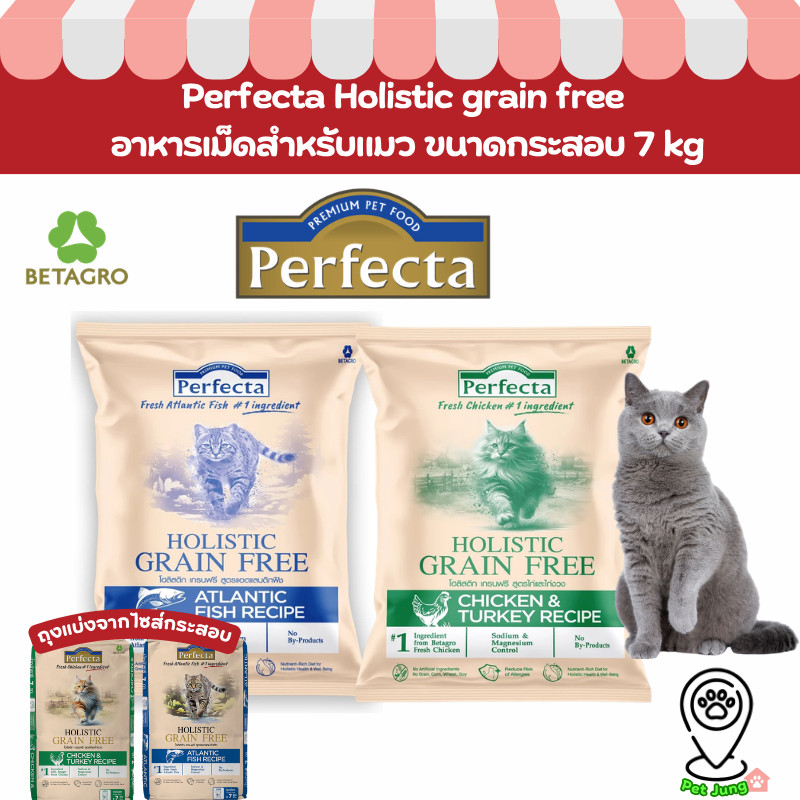PERFECTA HOLISTIC GRAIN FREE แมวโตลูกแมว (ถุงแบ่งจากโรงงาน) สูตรไก่และไก่งวง  และ สูตร Atlantic fish 1. KG