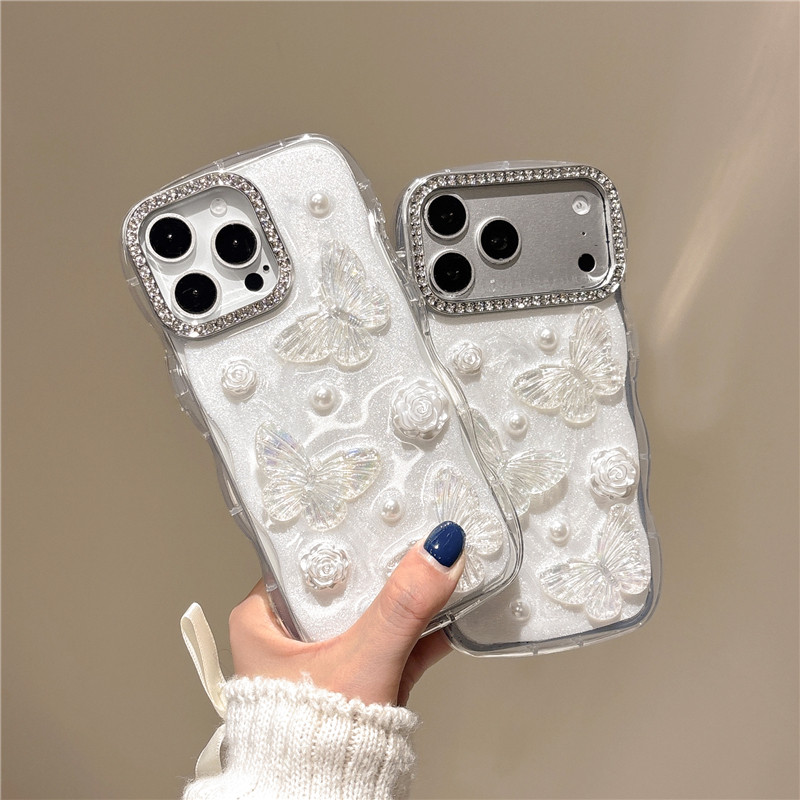 3D ผีเสื้อ Rose Rhinestone ขอบหยักเคสโทรศัพท์สําหรับ iPhone 17 16 15 14 13 Pro Max Plus