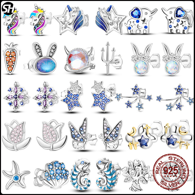 925 Silver Cat Eye Devil ดอกไม้ผีเสื้อ Cloud Elephant Star ต่างหูสําหรับผู้หญิงเครื่องประดับหรูหรา