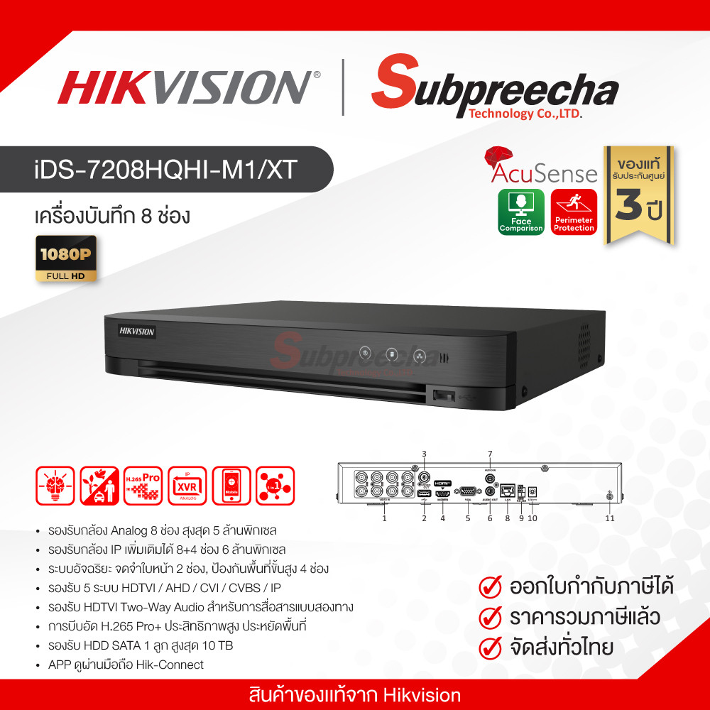 iDS-7208HQHI-M1/XT / Hikvision เครื่องบันทึก DVR 8 ch (1 SATA) AcuSense