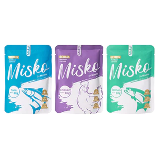 MISKO อาหารเปียกแมว 80 กรัม แพ็ก 6 ซอง | 3 รส แซลมอน ทูน่า ไก่ ✨SHINY COAT PROTEIN+ | โปรตีนสูง ช่วยบำรุงขนและผิวหนัง ดูแลระบบย่อยอาหาร | อาหารมื้อหลักสำหรับแมวครบคุณค่า