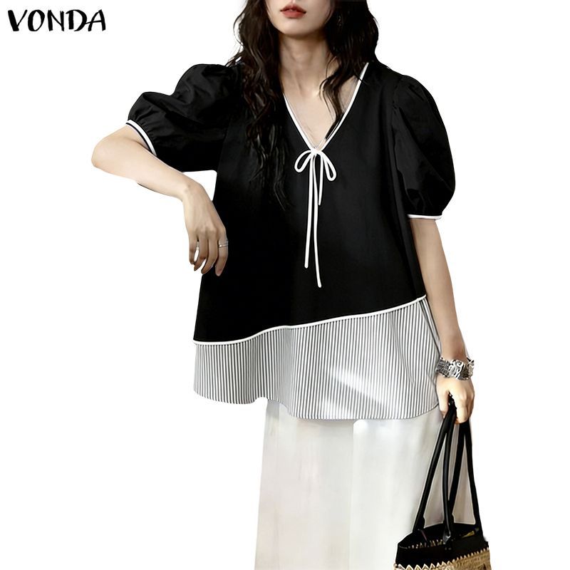 VONDA เสื้อลายการเชื่อมต่อ Korean Style สำหรับผู้หญิง ดีไซน์ V-neck bow tie กับแขนพัฟและruched แบบทรงเอหลวม
