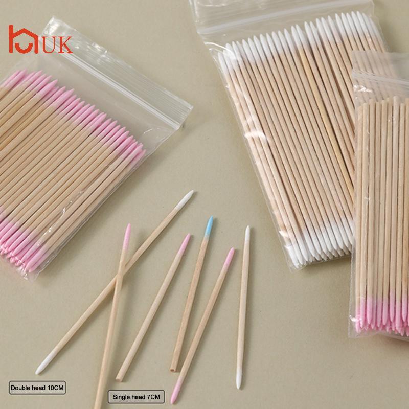 ก้านสำลีไม้ขนาดเล็กแบบ UK 100ชิ้นอุปกรณ์ต่อขนตาสักทำความสะอาดไมโครเบลดไม้แปรงคอตตอนสำหรับเครื่องสำอา