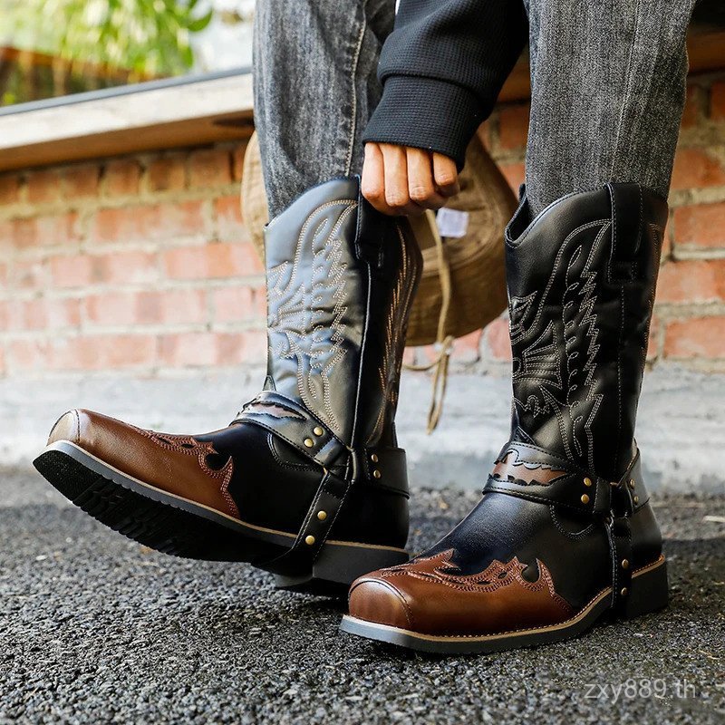 Fast Shipping Men High Top Boots PU Patchwork เย็บปักถักร้อยอินเทรนด์คลาสสิก Denim Boots ขนาด 38-46 1QW9