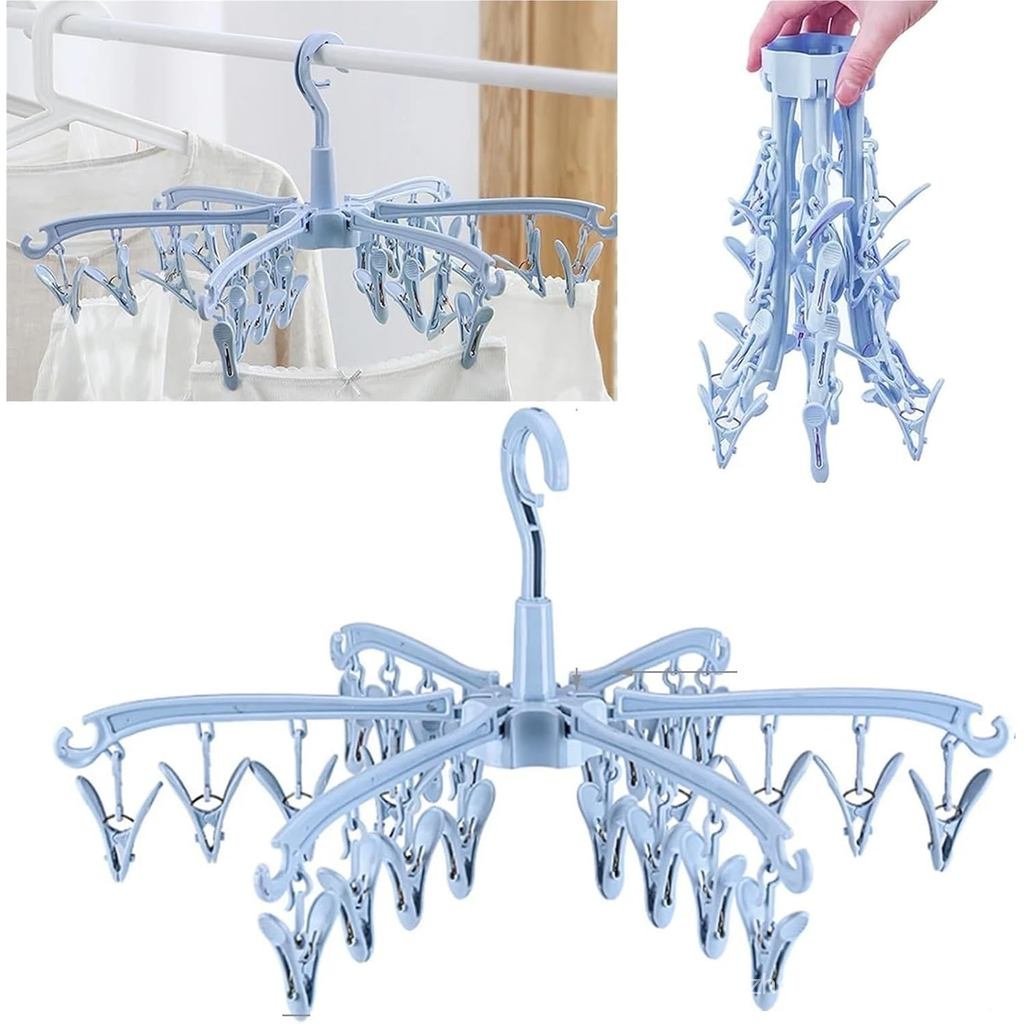 24 Clips Folding Clothes Dryer Rotatable Hanger Windproof Socks Underwear Drying Rack Home Storage L