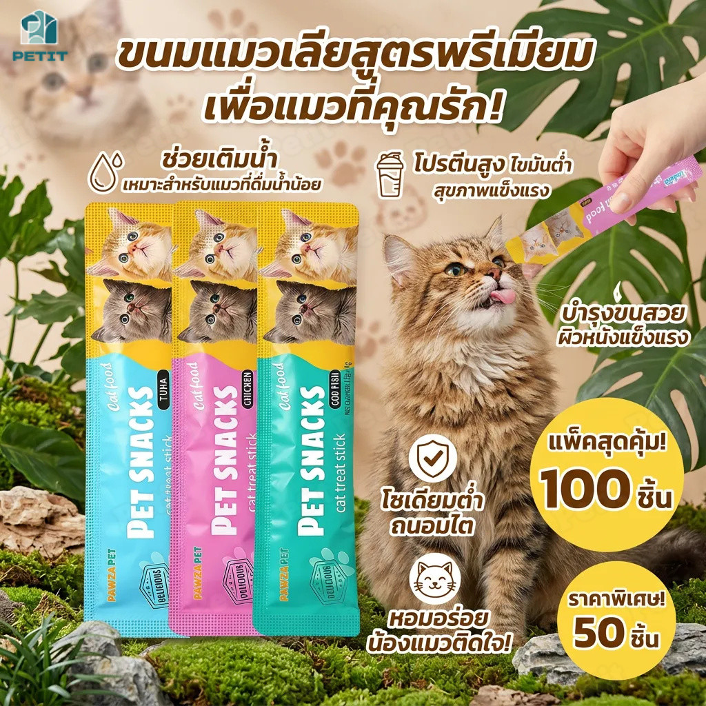 ขนมแมว 50/100ชิ้น 3รส ขนมแมวเลีย แถบแมว cat snacks โซเดียมต่ำ สไก่/รสปลาคอด/รสทูน่า กินได้ทั้งแมวโตและลูกแมว อาหารเป