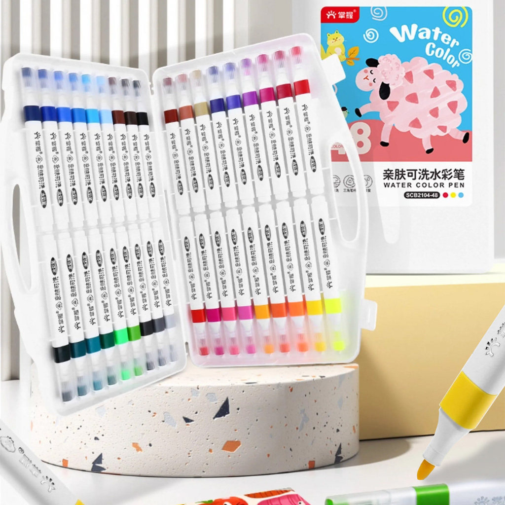GRASP ปากกาสีน้ําล้างทําความสะอาดได้ 48 สีเด็ก Safe Art Set อุปกรณ์การเรียนพร้อมปากกามาร์กเกอร์กรณี
