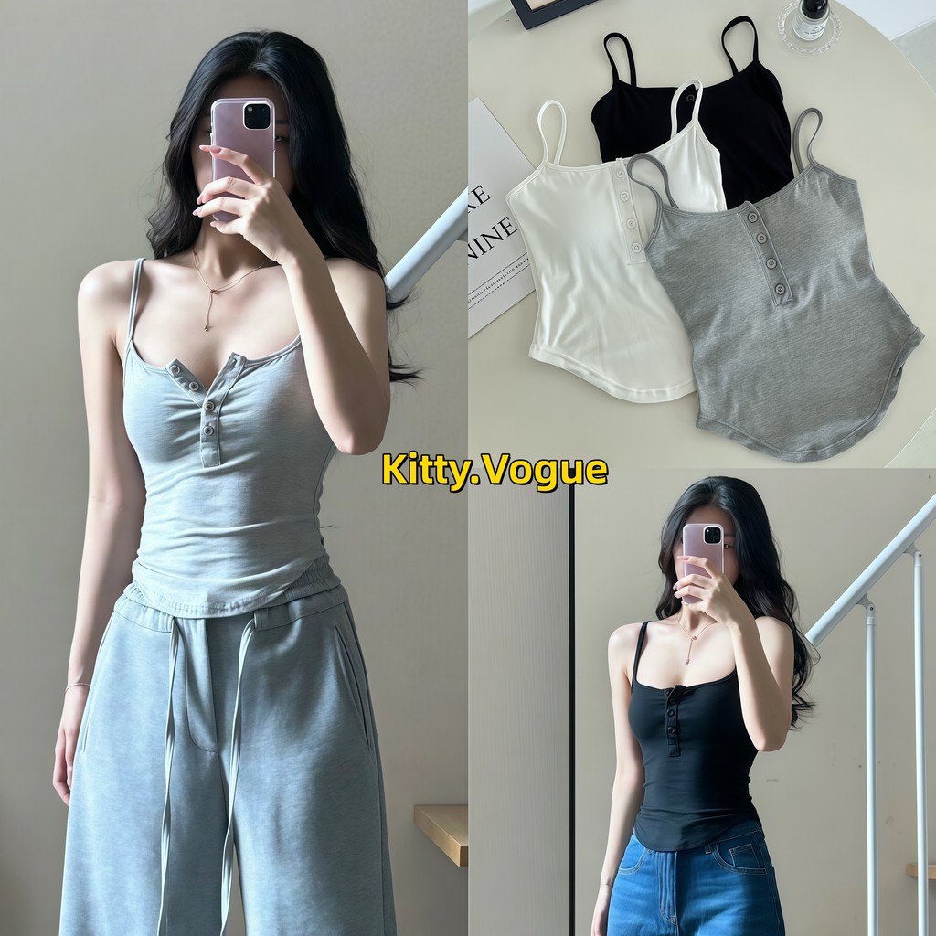 Kitty.Vogue เสื้อสายเดี่ยวผู้หญิงแฟชั่นสไตล์มินิมอล กระดุม ผ้านุ่ม สีเรียบ สไตล์ลำลอง MX229-0