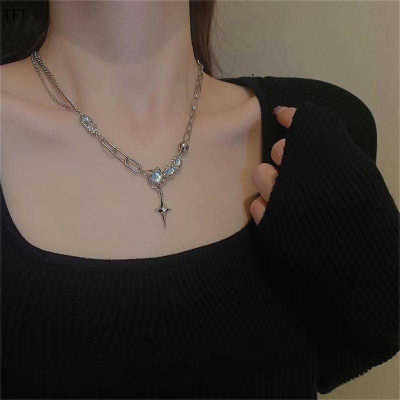 (FTT) สร้อยคอจี้รูปดาวมูนสโตนสุดอินเทรนด์สร้อยคอคริสตัลแนวพังก์ฮิปฮอปเครื่องประดับ Y2K ของขวัญใหม่