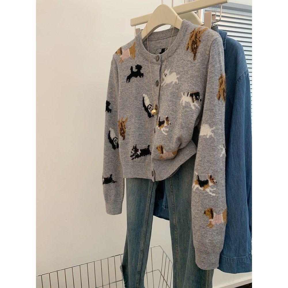 เสื้อถักลายขนสุนัขคาร์ดิแกน สีเทา สำหรับผู้หญิง แขนยาว เหมาะสำหรับอากาศเย็นหรือสไตล์ขี้เกียจ