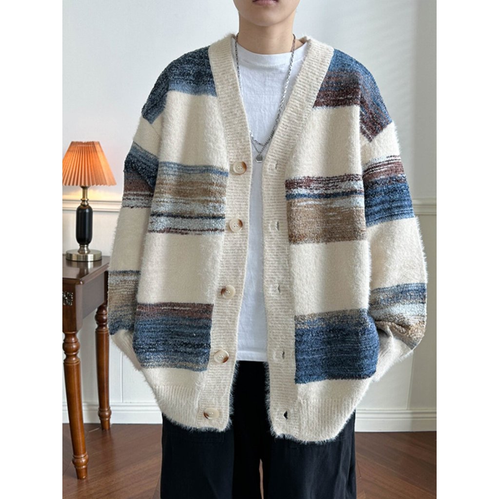 comfy cardigan cardigan ไหมพรม เสื้อสเวตเตอร์ถักสำหรับผู้ชาย สไตล์ย้อนยุค อเมริกันสีจับคู่