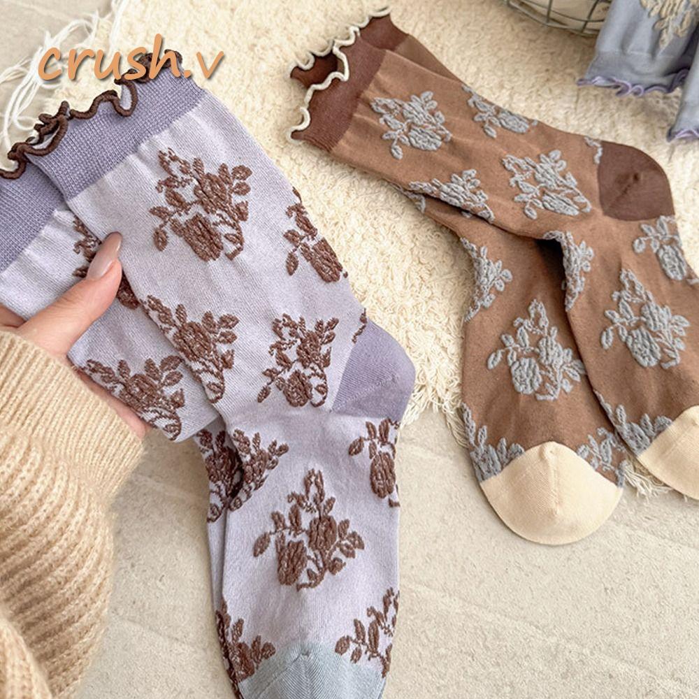 [CRUSH] ถุงเท้าดอกไม้, ดูดซับเหงื่อ Casual Mid Tube Socks, Fashion Retro Breathable Ruffle Socking f