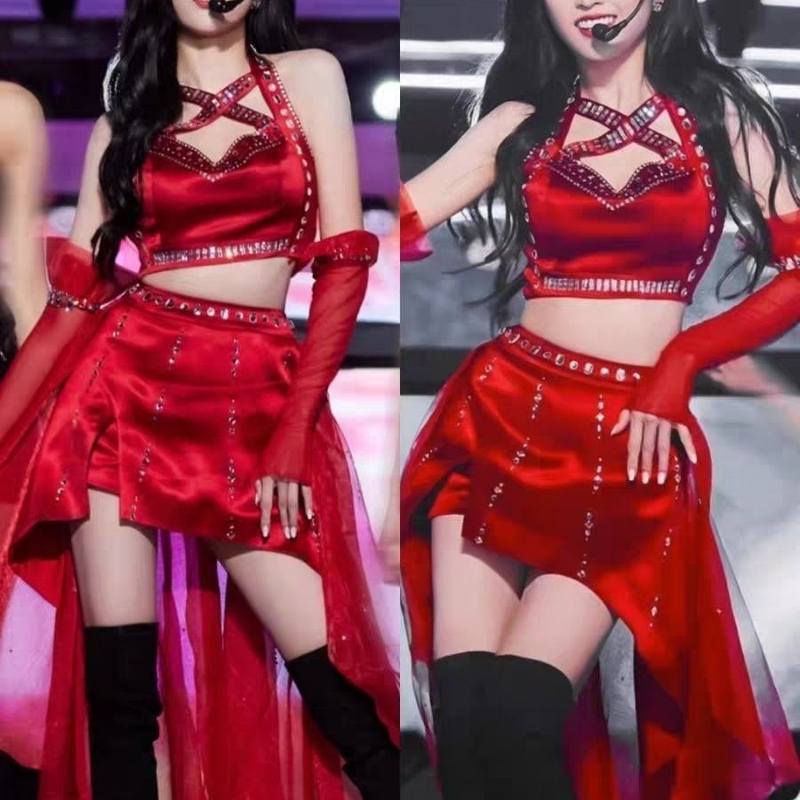 บาร์นักร้องคอเต้นรําเครื่องแต่งกายปีใหม่สาวสีแดงกลุ่มประสิทธิภาพเครื่องแต่งกาย พลอยเทียม เซ็กซี่ ชม.