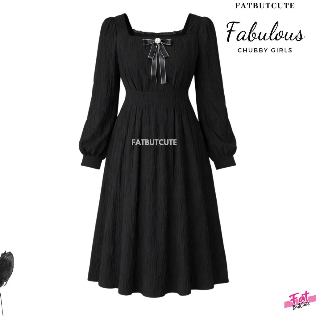 [อก40-48]🖤เดรสดำทรงหวานที่ใส่แล้วดูแพงทันที ดีไซน์คอสี่เหลี่ยมแต่งลูกไม้ละเอียด เพิ่มโบว์ K-2547