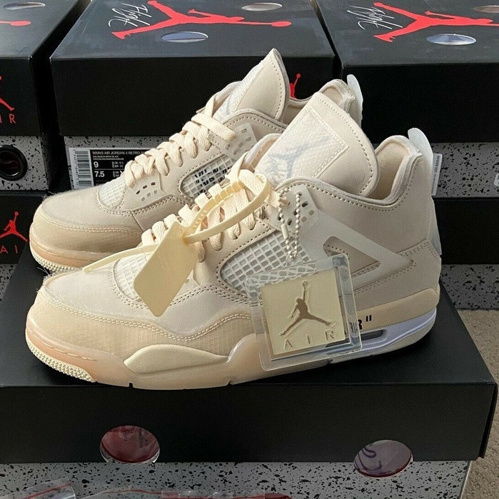 รองเท้าบาสเก็ตบอล Off-White x Air Jordan 4 Retro SP ครีม/Sail AJ4 CV9388-100 สําหรับผู้หญิงและผู้ชาย